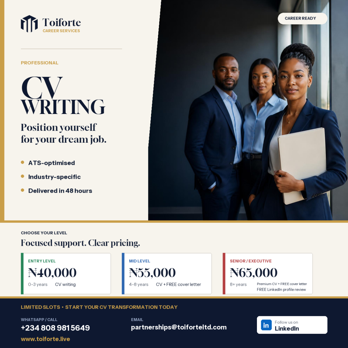 Toiforte professional CV writing offer with pricing for entry, mid and senior levels